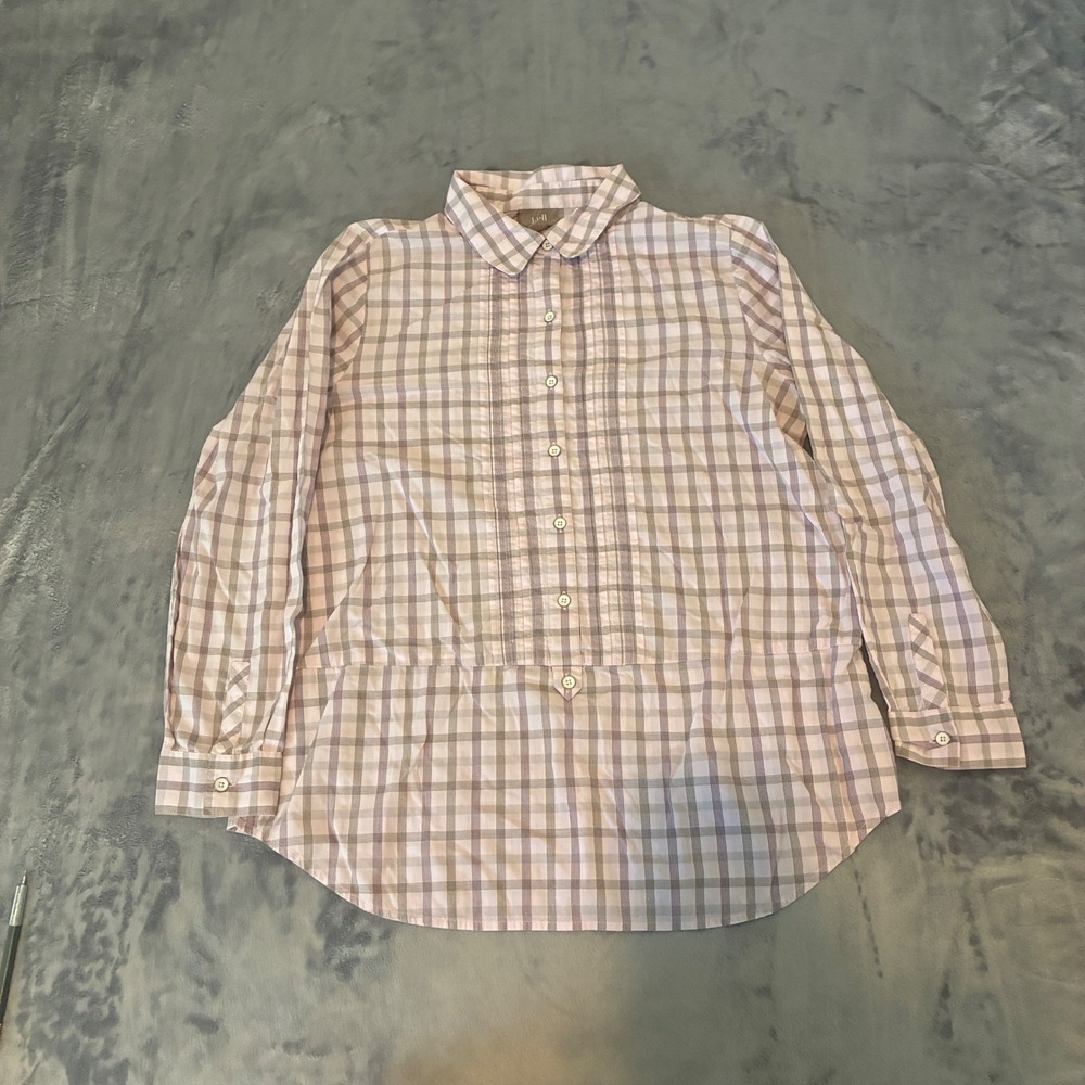 J. Jill Button Down Shirt Womens M Petite Pink Plaid Pintuck Pleated Cotton